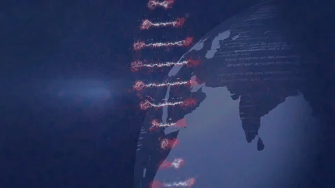 Animation of DNA strand and binary coding over digital globe in blue and red Stock Footage 304838924