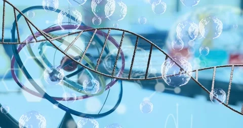 Animation of dna strand and bubbles over lab Stock Footage 325965574