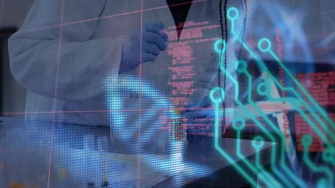 Animation of dna strand and data processing over african american female Video stock 327526802