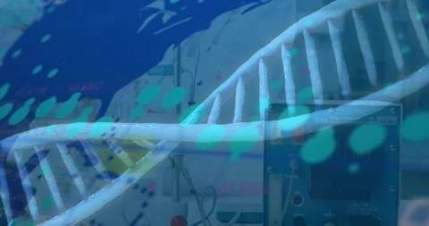 Animation of dna strand and data processing over caucasian scientist in lab Видео 328009811