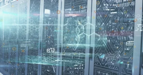 Animation of dna strand and data processing over computer servers Stock Footage 328593697