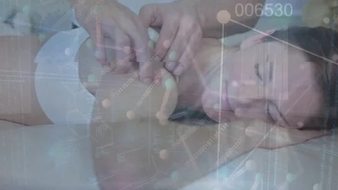 Animation of dna strand and data processing over caucasian woman getting massage 스톡 동영상 329222791