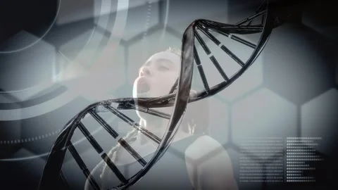 Animation of dna strand and data processing over woman exercising 動画素材 329417941