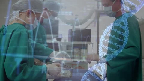 Animation of dna strand and data processing over diverse surgeons in hospital Stock Footage 329854724
