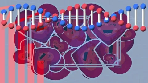 Animation of dna strand and data processing over hearts and world map on grey Stock Footage 329978162