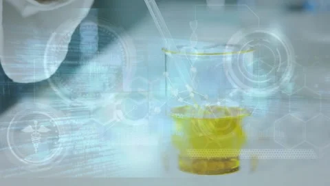 Animation of dna strand and data processing over caucasian scientist in lab Stockbeeldmateriaal 330657690