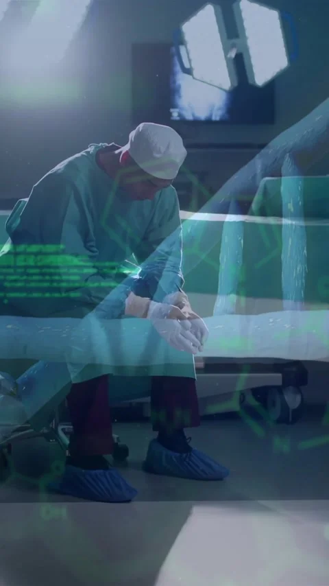 Animation of dna strand and data processing over caucasian male surgeon in Stock Footage 343641446