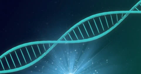 Animation of dna strand and glowing lights on blue background Stock Footage 266198717