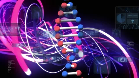Animation of dna strand and hexagons over green circles Stock Footage 327061634