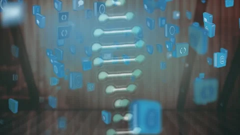 Animation of dna strand and icons over window Stock Footage 328353853
