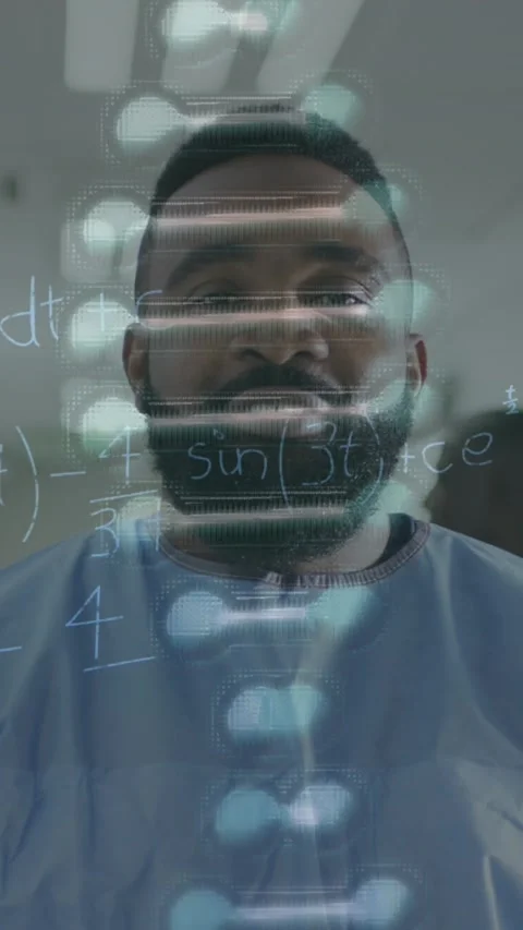 Animation of dna strand and maths formulae over smiling african american male Stock Footage 343498816