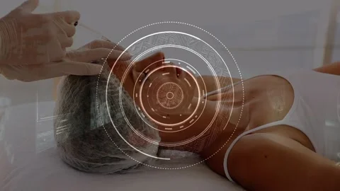 Animation of dna strand and moving data processing over strong woman exercising 動画素材 330057967
