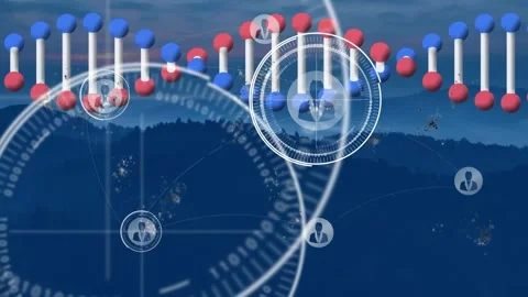Animation of dna strand and network of connections with icons over landscape Stock Footage 330167575