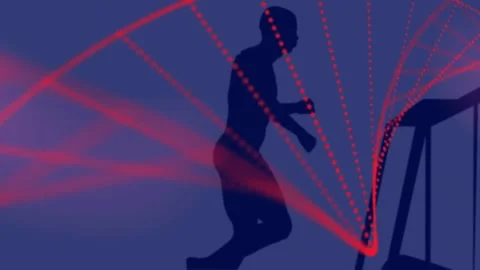 Animation of dna strand and running person over dark background Stock Footage 328461294