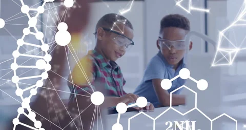 Animation of dna strand and scientific data processing over diverse children in Stock Footage 310768062
