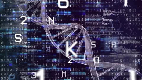 Animation of dna strand, binary coding and data processing over black background Stock Footage 328633653