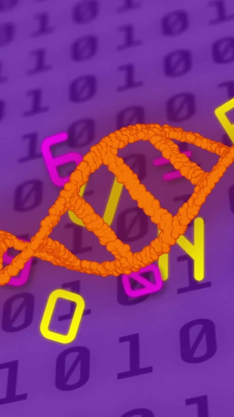 Animation of dna strand, binary coding and data processing over purple 動画素材 343504363