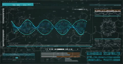 Animation of DNA strand with data analytics on futuristic interface in school Stock Footage 303842273