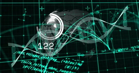 Animation of dna strand, data processing over scope scanning on black background Stock Footage 307737905
