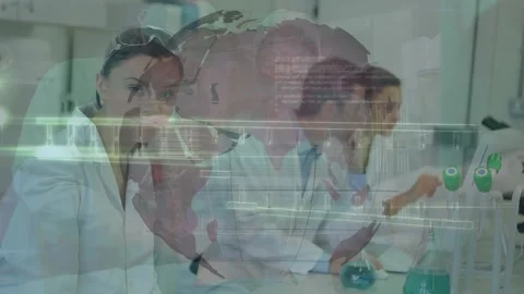 Animation of dna strand, data processing and globe over diverse scientists in Stock Footage 329857410