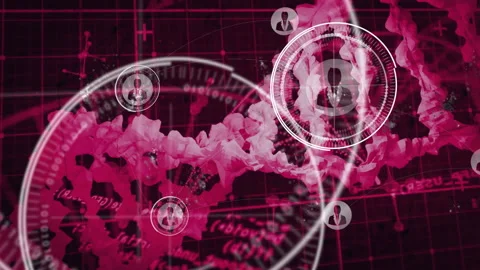 Animation of DNA strand with digital interface elements in scientific background Stock Footage 303608943