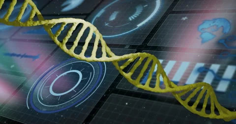 Animation of DNA strand with digital interface showing futuristic data elements Stock Footage 306170533
