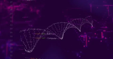 Animation of DNA strand with HTML code overlay on dark purple background Stock Footage 330587758