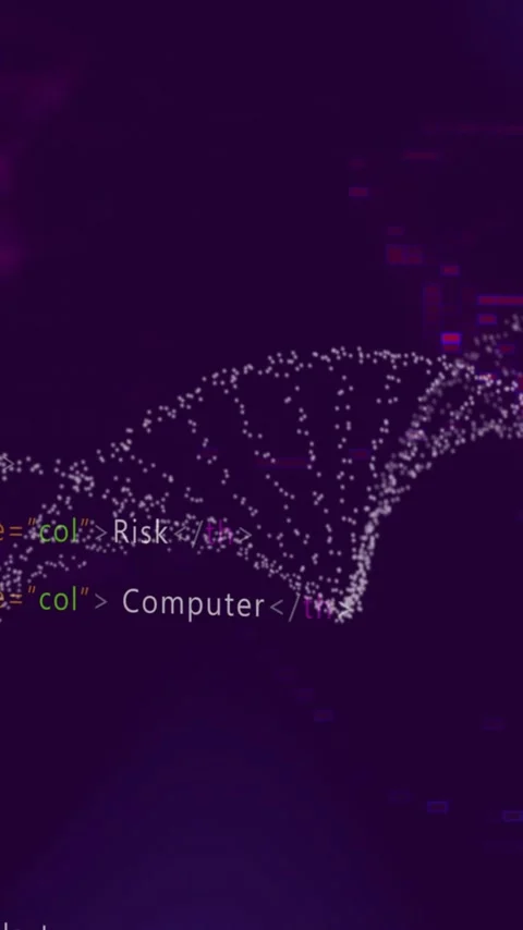 Animation of DNA strand with HTML code overlay on dark purple background Stock Footage 344285115