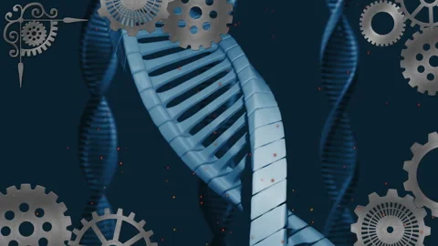 Animation of DNA strand intertwining with gears, symbolizing technology Stock Footage 304075391