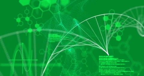Animation of dna strand, light trails and data processing over green background Stock Footage 265622074