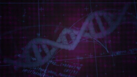 Animation of DNA strand with mathematical equations on digital grid background Stock Footage 303841112