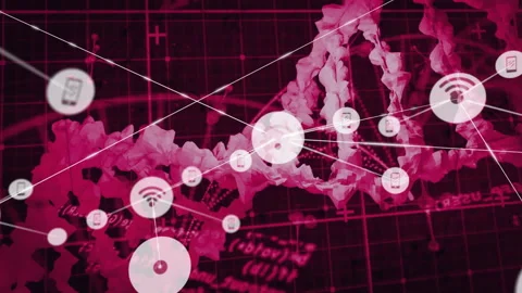 Animation of DNA strand with network icons over digital data grid in red tones Stock-Footage 303675567