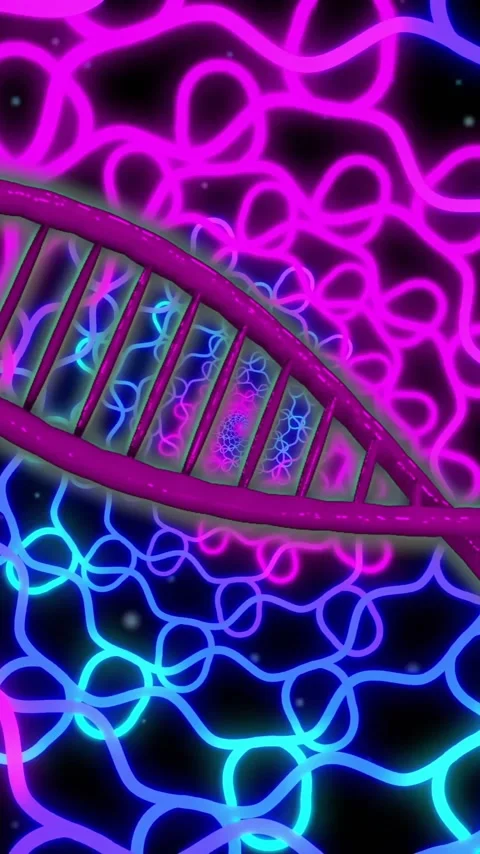 Animation of dna strand over blue and pink shapes moving Stock Footage 343996864