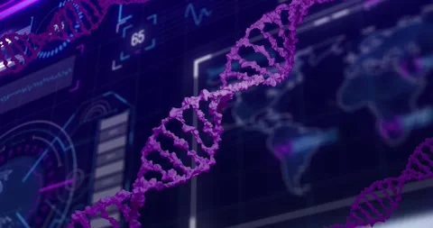 Animation of dna strand over data processing on black background Stock Footage 328351520