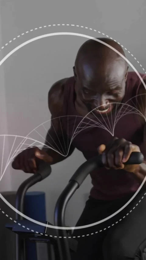 Animation of dna strand over diverse men exercising at gym Stock Footage 320280043