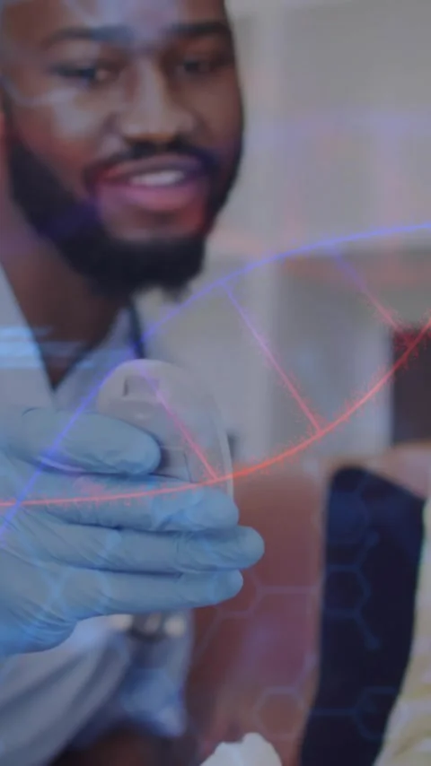 Animation of dna strand over diverse doctor and patient using glucose meter 動画素材 320330802