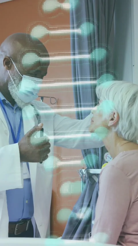 Animation of dna strand over diverse male doctor examining eyes of senior female Stock Footage 341953414
