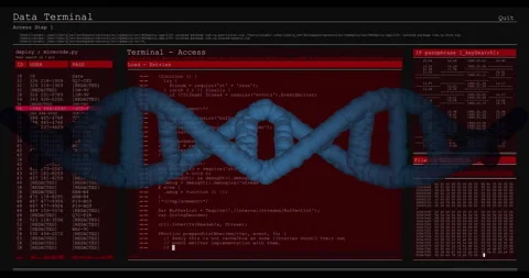 Animation of DNA strand overlaying computer code on red terminal screen Stock Footage 304764611