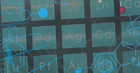 Animation of dna strand, scientific data processing over periodic table Stock Footage 327125220