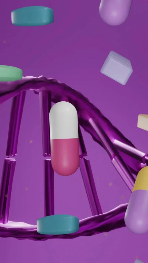 Animation of dna strand spinning and pills over purple background Stock Footage 342010486