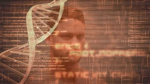 Animation of dna strand spinning over data processing and exercising strongman Stock Footage 325960981
