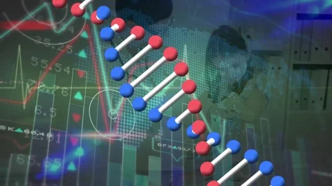 Animation of dna strand spinning over data processing and exercising strongman Stock Footage 326032325