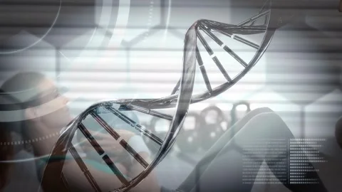 Animation of dna strand spinning over data processing and exercising women Stock Footage 327523402