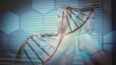 Animation of dna strand spinning over data processing and exercising strongman Stock Footage 328009431