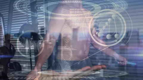 Animation of dna strand spinning over data processing and exercising strongman Stock Footage 328708927