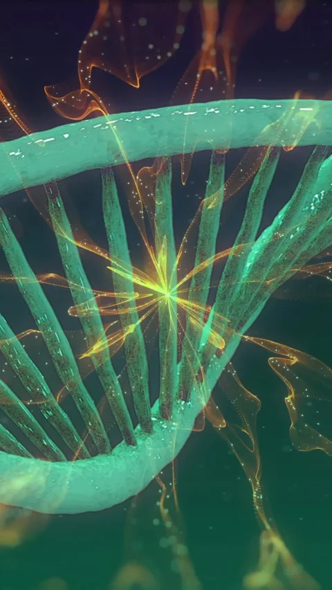 Animation of dna strand spinning over glowing light trails on green background Stock Footage 342812925