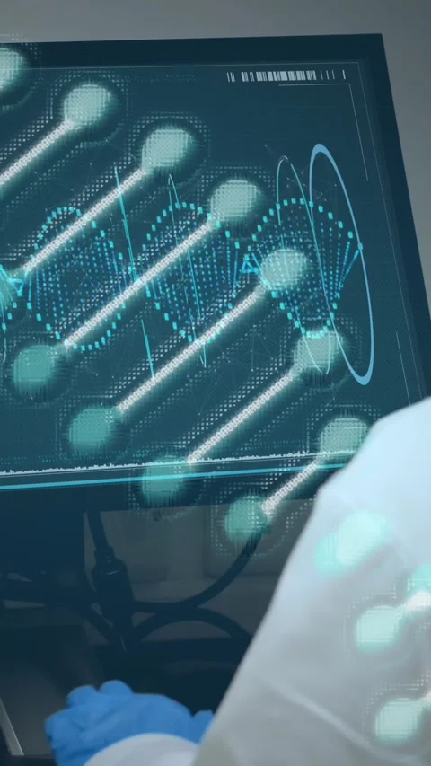 Animation of dna strand spinning over caucasian female scientist using computer Stock Footage 344723047