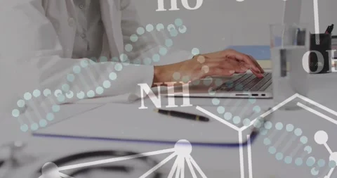 Animation of dna strands and elements over hands of biracial female doctor using Stock Footage 243646848
