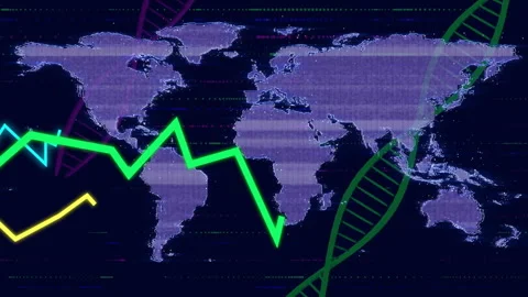 Animation of DNA strands and fluctuating graph over digital world map background Stock Footage 304015323