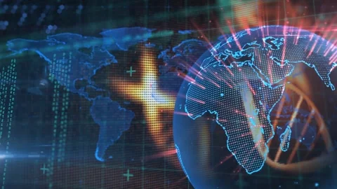 Animation of dna strands and glowing globe over world map and data processing on Stock Footage 329919755